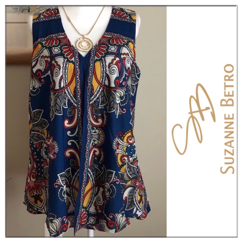 New SUZANNE BETRO, BOHO-printed Blue Multi-Colored Tank Blouse in Women’s XL.